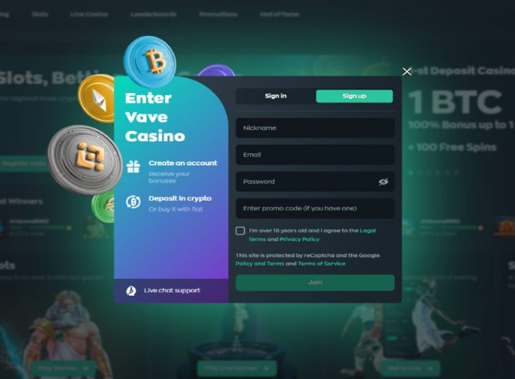 Vave Casino Registration Screen