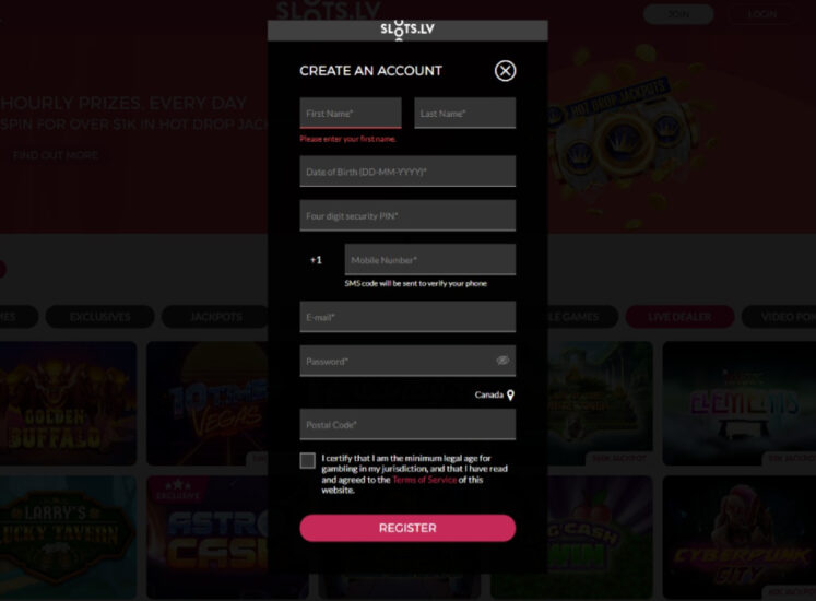 Slots.lv Casino Registration Screen